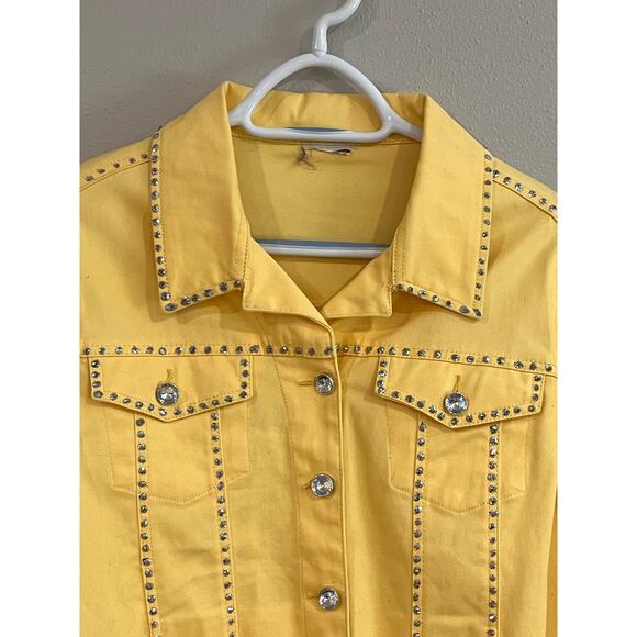 Yellow Rhinestone Studded Western Denim Jacket Snap Buttons Cowboy Rodeo - Picture 3 of 11